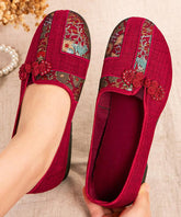 Retro Red Flat Shoes Splicing Embroidered Oriental Button