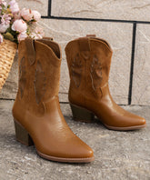 Brown Pointed Toe Suede Splicing Faux Leather Chunky Boots