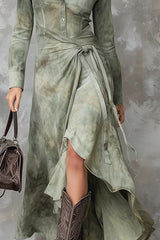 Tie Dye Long-sleeved Slim-fit Tie-waist Irregular Maxi Dress