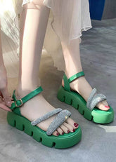 Splicing Zircon Platform Sandals Green Faux Leather