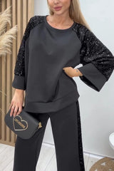Sequined Loose-fitting Crew Neck Top and Casual Pocket Wide-leg Pants Set
