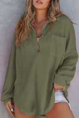 Solid Color Waffle Loose Casual Knitted Pocket Top