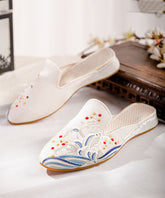 White Embroideried Cotton Fabric Splicing Flat Slide Sandals