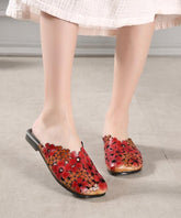 Red Cowhide Floral Leather Hollow Out Slide Sandals