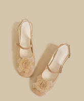 Women Floral Splicing Chunky Sandals Apricot Suede
