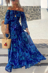 One Shoulder Blue Flower Design Off Shoulder Back Smoke Vacation Long Dress
