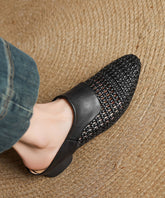 Classy Splicing Hollow Out Breathable Black Sheepskin Slide Sandals