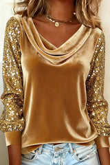 Velvet Sequin Patchwork Long-sleeved Casual Top