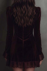 Velvet and Lace Patchwork Long-sleeved V-neck Slim-fit Mini Dress