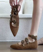 Brown Wedge Heels Shoes Suede Boutique Splicing Buckle Strap Rivet