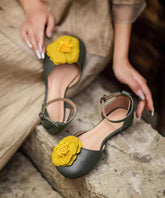 Vintage Green Flat Sandals Splicing Floral Buckle Strap