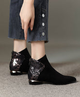 Black Suede Zippered Splicing Ankle Boots Pointed Toe