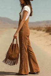Suede Tassel Button Pocket Casual Wide-leg Overalls