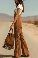Suede Tassel Button Pocket Casual Wide-leg Overalls