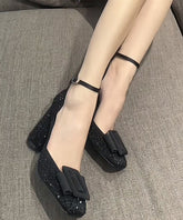 Handmade Splicing Chunky Heel Sandals Black Zircon Buckle Strap