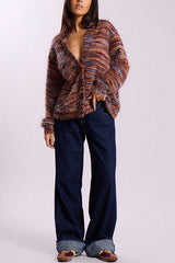 Mixed Color Loose V-neck Casual Knit Cardigan