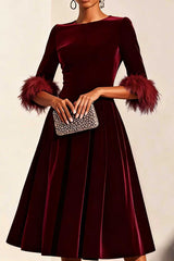 Solid Color Velvet Feather Half Sleeves Elegant Fitted Waist Midi Dress