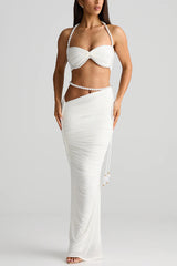 Imalia Stretch Mesh Pearl Trim Gathered Tank and Detachable Belt Vacation Maxi Skirt Set