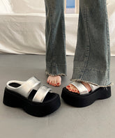 Faux Leather Splicing Silver Platform Slide Sandals Peep Toe