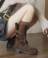 Boho Coffee Suede Lace Up Splicing Chunky Boots