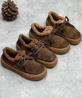 Coffee Flats Lace Up Flat Shoes For Fuzzy Wool Lined