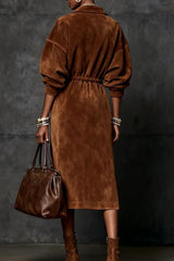 Suede Lapel Zipper Waist Tie Casual Midi Dress