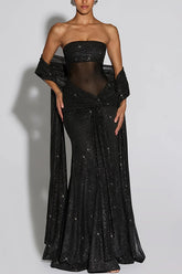 Paula Sequined Mesh and Jersey Off Shoulder Ruched Knot Drape Shawl Maxi Dress
