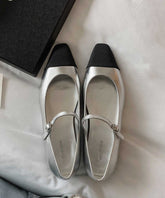 French Silver Square Toe Buckle Strap Splicing Flat Shoes