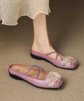 Purple Cowhide Leather Splicing Floral Slide Sandals