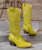 Stylish Yellow Hollow Out Solid Chunky Boots Faux Leather