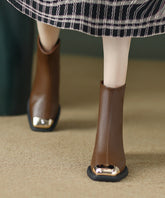 Zippered Splicing Elegant Chunky Boots Brown Cowhide Leather