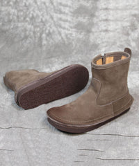 Soft Grey Zippered Boots Cowhide Leather Elegant Cross Strap Boots