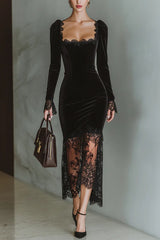 Velvet and Lace Patchwork Square Neck Long-sleeved Maxi Dress