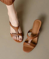 Brown Chunky Heel Cowhide Leather Hollow Out Slide Sandals