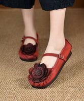 Cowhide Leather Flat Shoes For Red Splicing Floral Buckle Strap