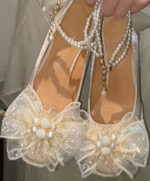 French Beige Bow Pearl Splicing Chunky Heel Shoes