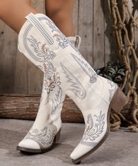 White Embossed Faux Leather Pointed Toe Chunky Thigh Boots