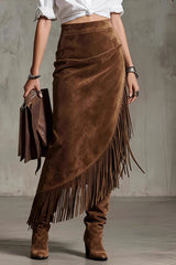 Suede Tassel Irregular Casual Midi Skirt