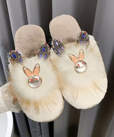 Splicing Slippers Shoes Khaki Fuzzy Fur Zircon