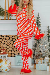 Christmas Party Striped Print Pocket Feather Elastic Waist Pajama Set