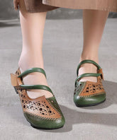 Stylish Splicing Loafers Green Genuine Leather Flat Sandals