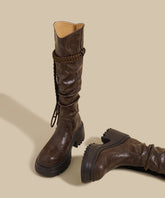 Boutique Wrinkled Splicing Chunky Boots Brown Faux Leather