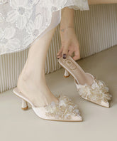 French Apricot Satin Zircon High Heels Slide Sandals