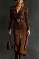 Suede V-neck Long-sleeved Slim-fit Slit Midi Dress