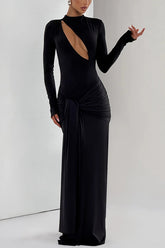 Cutout Fitted Long-sleeved Pleated Satin Ribbon Maxi Dresses