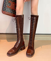 Comfortable Chunky Boots Brown Suede Cross Strap
