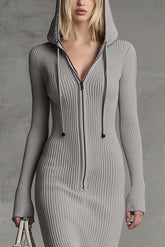 Solid Color Hooded Zip-up Long-sleeved Slim-fit Lace Hem Midi Dress