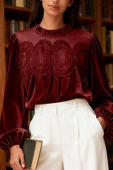Velvet and Lace Patchwork Loose Long-sleeved Top