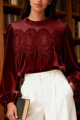 Velvet and Lace Patchwork Loose Long-sleeved Top