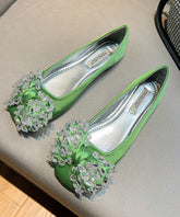 Splicing Flat Shoes For Green Satin Bow Zircon